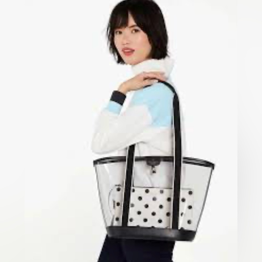 KATE SPADE SEE THRU Stylish Black and White Tote Bag WITH pouch NWT